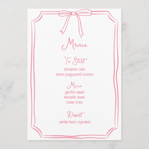 Whimsical Hand Drawn Bow Girly Coquette Pink Menu