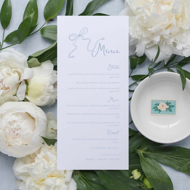 Whimsical Hand drawn Bow Light Blue Wedding Menu (Creator Uploaded)