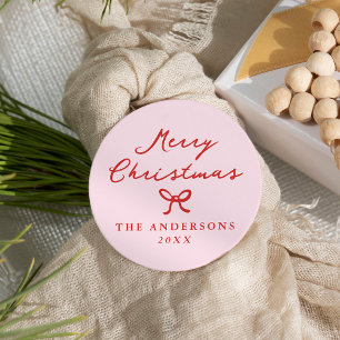 Whimsical Hand-Drawn Bow Pink Christmas Classic Round Sticker