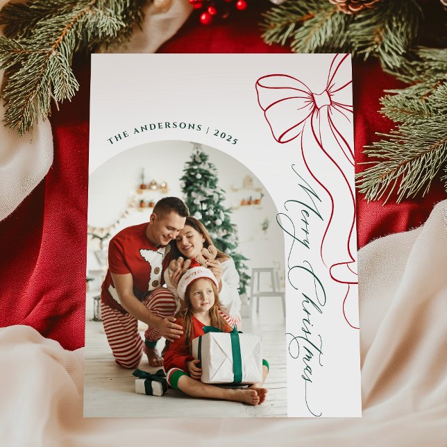 Whimsical Hand Drawn Bow Red Christmas Photo Card (Creator Uploaded)