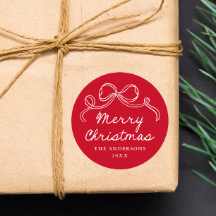 Whimsical Hand-Drawn Bow Red Merry Christmas Classic Round Sticker