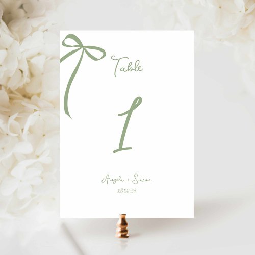 Whimsical Hand drawn Bow Sage Green Table Number