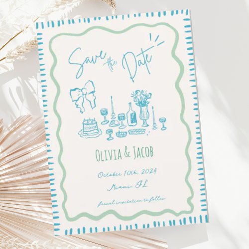 Whimsical Hand Drawn Bow Scribble Wavy Wedding Invitation