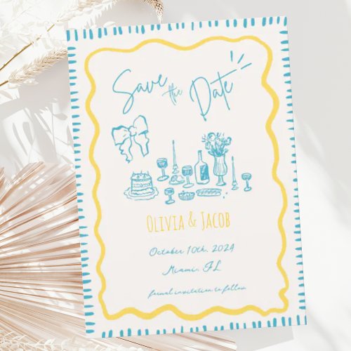 Whimsical Hand Drawn Bow Scribble Wavy Wedding Invitation