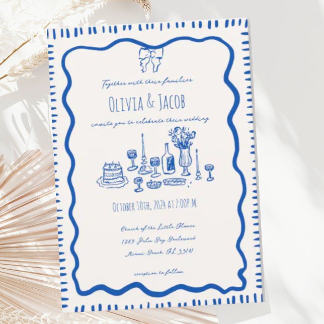 Whimsical Hand Drawn Bow Scribble Wavy Wedding Invitation (Creator Uploaded)