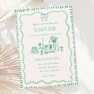Whimsical Hand Drawn Bow Scribble Wavy Wedding Invitation