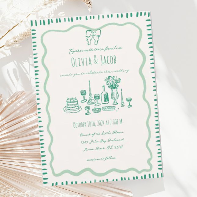 Whimsical Hand Drawn Bow Scribble Wavy Wedding  Invitation (Creator Uploaded)