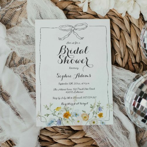 Whimsical Hand Drawn Bow Wildflower Bridal Shower Invitation