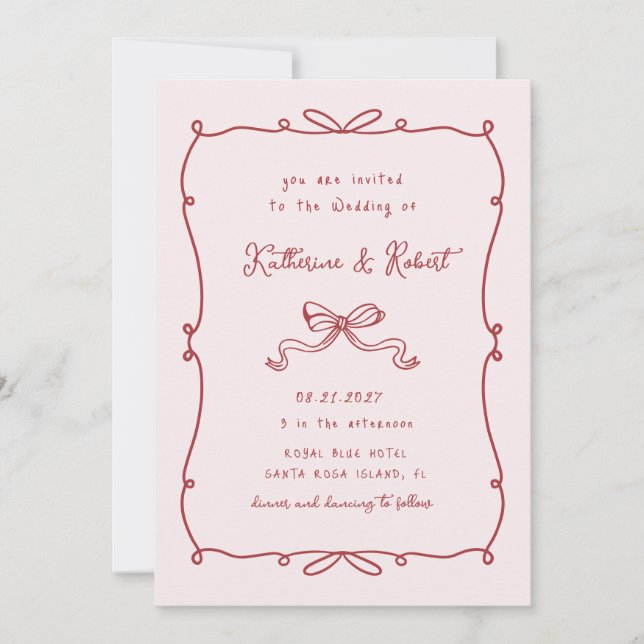 Whimsical Hand Drawn Bows Budget Wedding Invitation (Front)