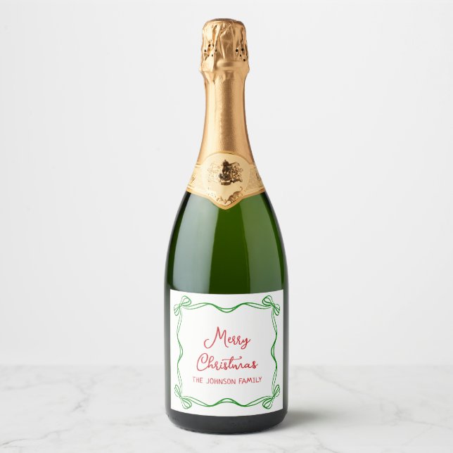 Whimsical Hand Drawn Bows Christmas Family Name Sparkling Wine Label (Front)
