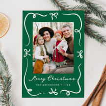 Whimsical Hand-Drawn Bows Green 2 Photo Christmas
