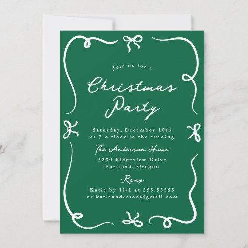 Whimsical Hand-Drawn Bows Green Christmas Party Invitation