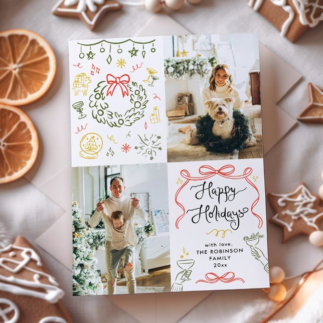 Whimsical Hand Drawn Bows Happy Holidays 2 Photo Holiday Card (Creator Uploaded)