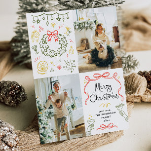 Whimsical Hand Drawn Bows Merry Christmas 2 Photo Holiday Card