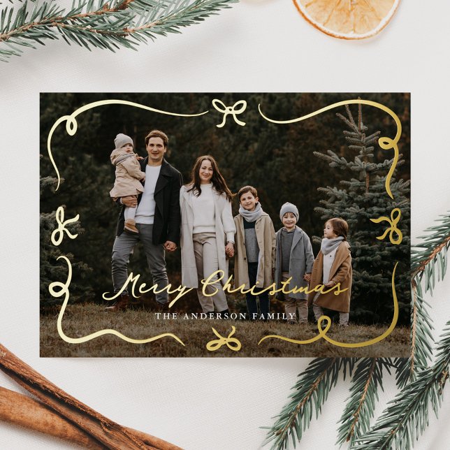 Whimsical Hand-Drawn Bows Merry Christmas Photo Foil Holiday Card (Creator Uploaded)
