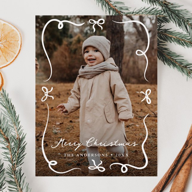 Whimsical Hand-Drawn Bows Merry Christmas Photo Holiday Postcard (Creator Uploaded)