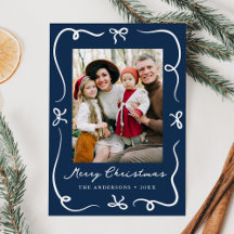 Whimsical Hand-Drawn Bows Navy 2 Photo Christmas