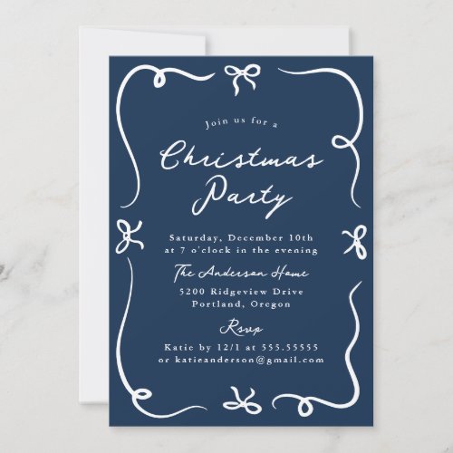 Whimsical Hand-Drawn Bows Navy Christmas Party Invitation