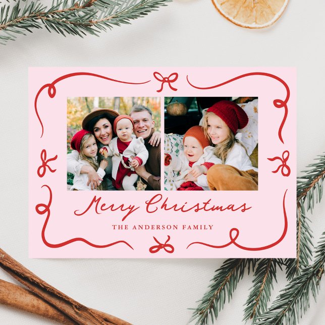 Whimsical Hand-Drawn Bows Pink 2 Photo Christmas Holiday Card (Creator Uploaded)