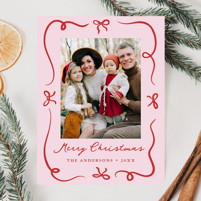 Whimsical Hand-Drawn Bows Pink and Red Photo Holiday Postcard (Creator Uploaded)