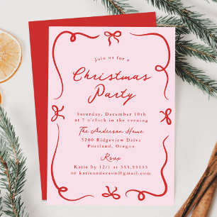Whimsical Hand-Drawn Bows Pink Christmas Party Invitation
