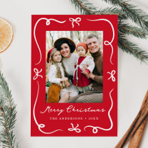 Whimsical Hand-Drawn Bows Red 2 Photo Christmas