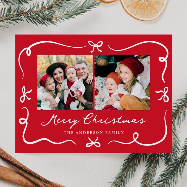 Whimsical Hand-Drawn Bows Red 2 Photo Christmas Holiday Postcard (Creator Uploaded)