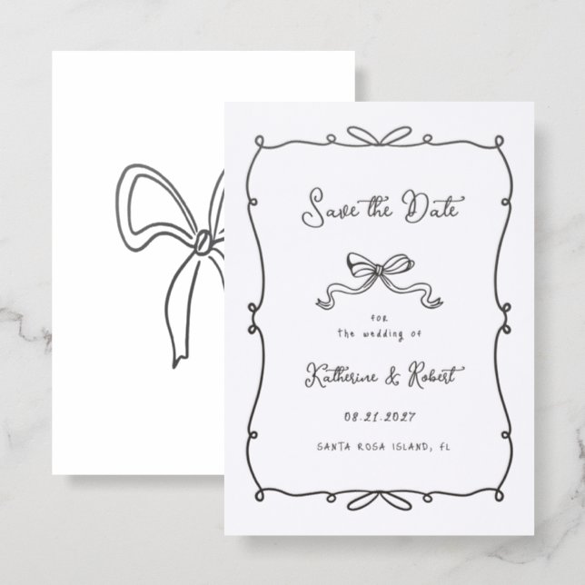 Whimsical Hand Drawn Bows Save the Date Card (Front/Back)