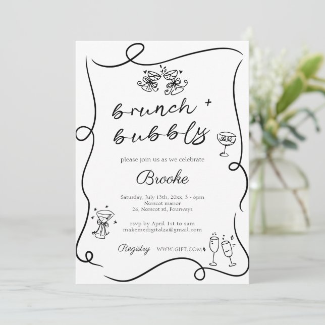 Whimsical Hand drawn Brunch & Bubbly Bridal Shower Invitation (Standing Front)