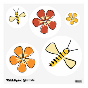 Whimsical Hand Drawn Bumble Bees and flowers Wall Decal