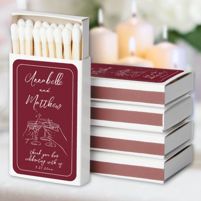 Whimsical Hand Drawn Burgundy Wedding Matchboxes (Whimsical Hand Lettered Drawn Burgundy Wedding Matchboxes)