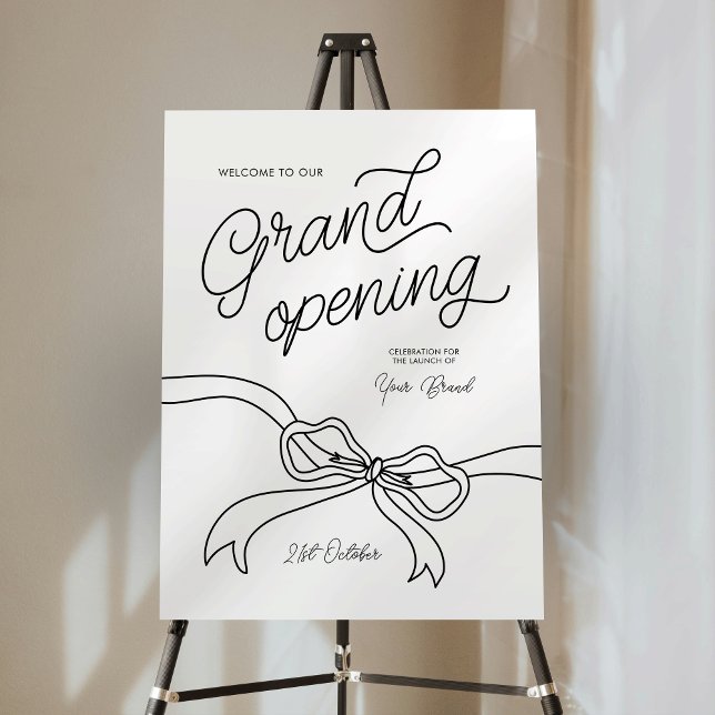 Whimsical Hand Drawn Business Grand Opening Sign (Minimalist hand drawn bow business grand opening sign for your launch event)