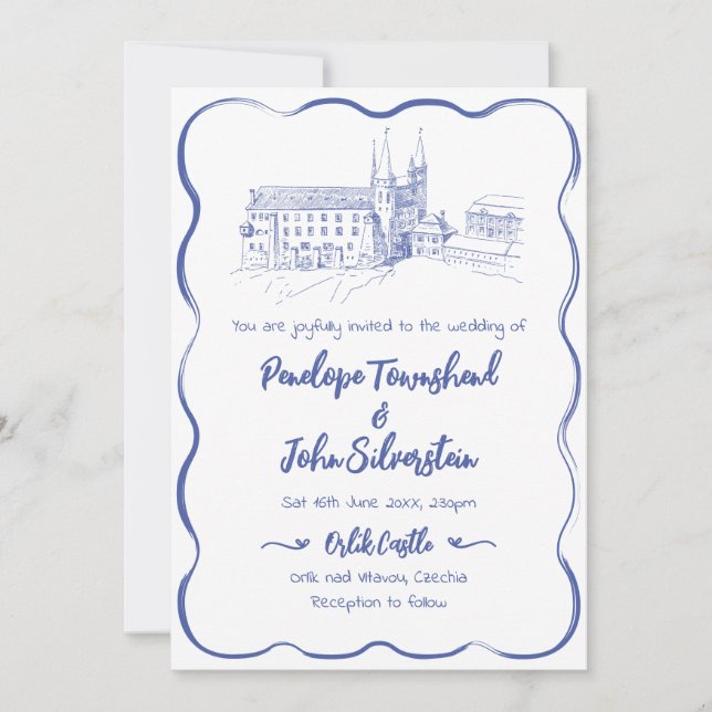 Whimsical Hand Drawn Castle Illustration Wedding Invitation (Front)