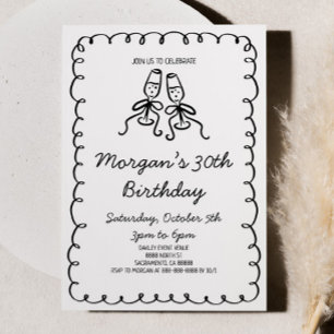 Whimsical Hand Drawn Champagne Birthday Party Invitation