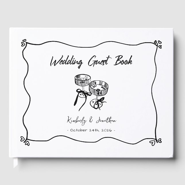 Whimsical Hand Drawn Champagne Glasses Wedding Guest Book (Front)