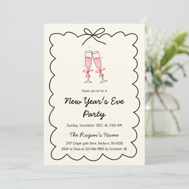 Whimsical Hand Drawn Champagne New Year Eve Party Invitation (Standing Front)