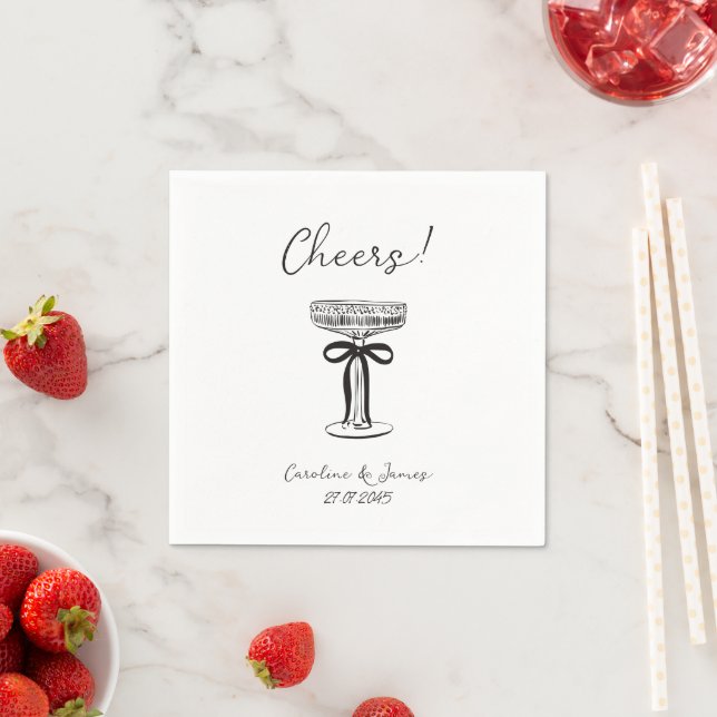 Whimsical Hand Drawn Champagne Toast with bow  Napkins (Insitu)