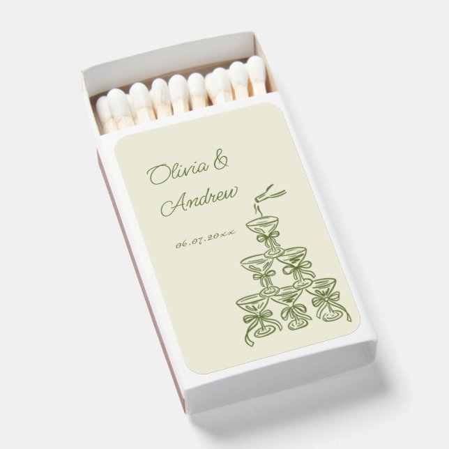 Whimsical Hand Drawn Champagne Tower Wedding Matchboxes (Front Open)