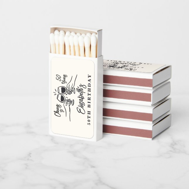 Whimsical Hand Drawn Cheers to 50 Years Birthday  Matchboxes (Stacked)