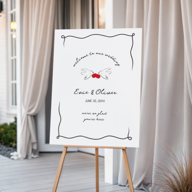 Whimsical Hand Drawn Cherry Birds Wedding Welcome Foam Board (Creator Uploaded)