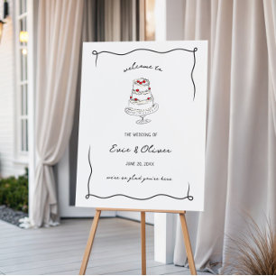 Whimsical Hand Drawn Cherry Cake Wedding Welcome Foam Board