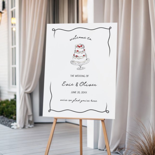 Whimsical Hand Drawn Cherry Cake Wedding Welcome Foam Board (Creator Uploaded)