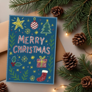 Whimsical Hand-Drawn Christmas Card in Blue