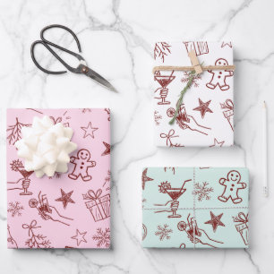 Whimsical Hand drawn Christmas Doodles Pattern Wrapping Paper Sheets