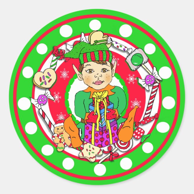 Whimsical Hand Drawn Christmas Elf Classic Round Sticker (Front)