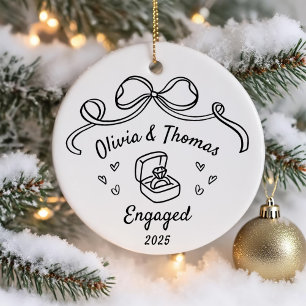 Whimsical Hand Drawn Christmas Engaged Ceramic Ornament