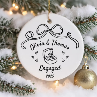 Whimsical Hand Drawn Christmas Engaged Ceramic Ornament