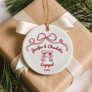 Whimsical Hand Drawn Christmas Engaged Ceramic Ornament