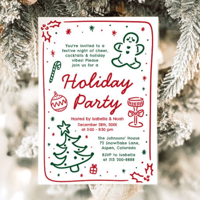 Whimsical Hand Drawn Christmas Holiday Party Invitation (Whimsical Hand Drawn Christmas Holiday Party Card)