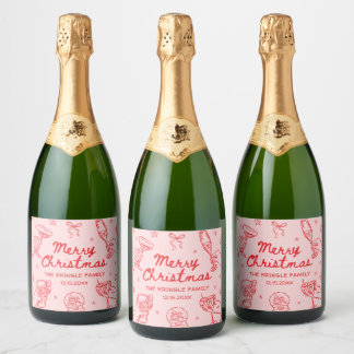 Whimsical Hand Drawn Christmas Party Sparkling Wine Label